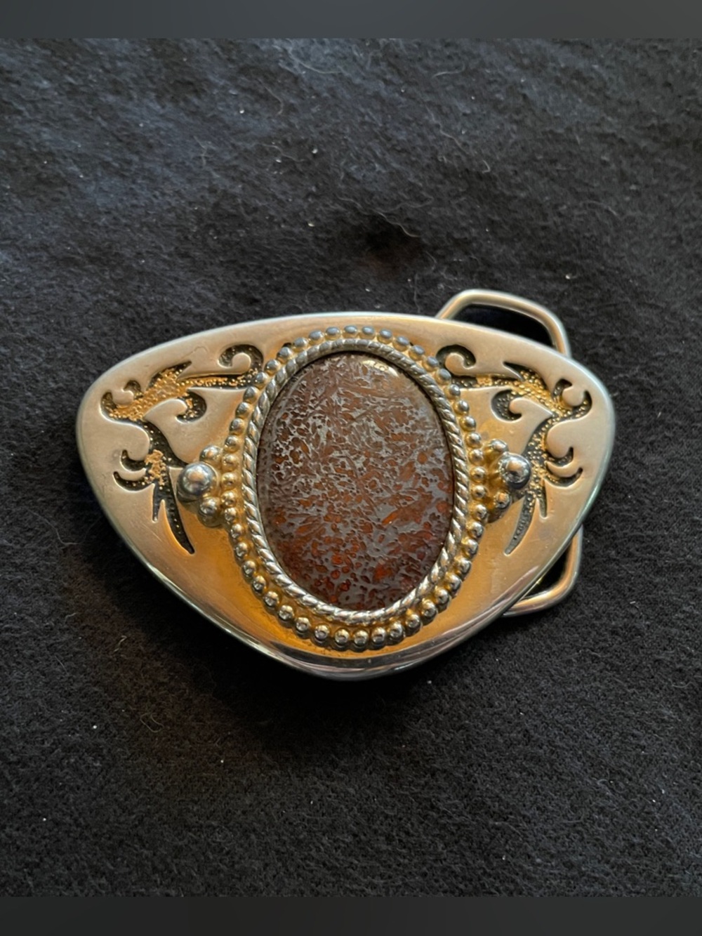 Vintage Silver-Tone Western-Inspired Belt Buckle with Brown and Blue/Grey Stone
